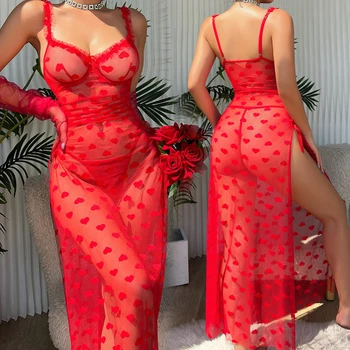 New Sexy Red Love Chiffon Sheer Mesh Pajamas Transparent Thongs Corset Tops for Women Long Slit Beach Dress