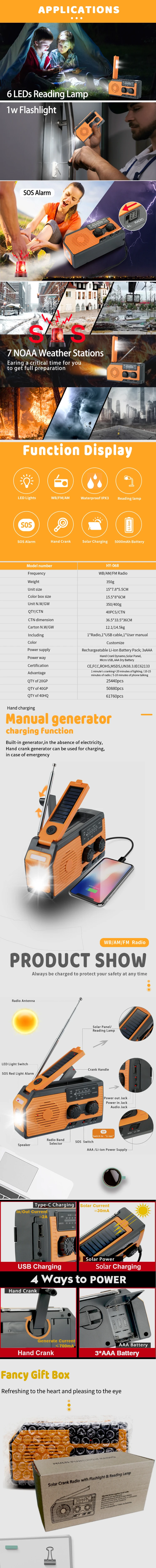 GREATONE Dynamo Powered Torch Solar Hand Crank AM/FM NOAA Weather Radio HY-068 with 5000mAh Power Bank and Mobile Phone Charge