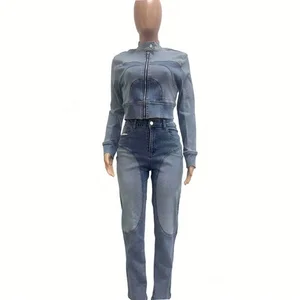 Dropshipping New Arrivals 2026 Women Clothing S-2XL Long Sleeve Denim Jeans Two Piece Pants Set