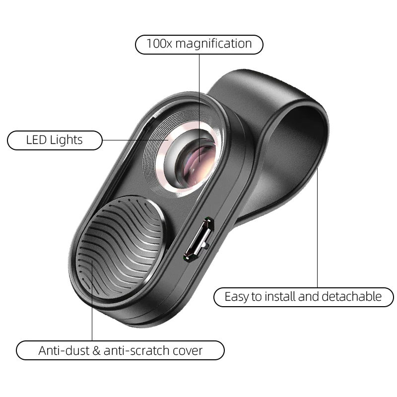 Super Phone Camera 100X Macro Lens Magnifier Digital Skin Beauty LED Microscope Lens with Universal Clamp