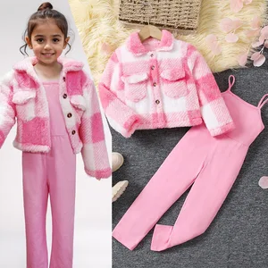 Casual Autumn-Winter Girls' Set Solid Fuzzy Coat + Strappy Jumpsuit 6-7 Years Polyester/Cotton Breathable Kids
