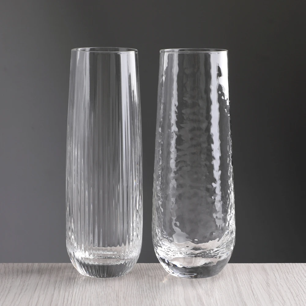 Custom Logo Unique Wedding bar Modern Ribbed Hammered Lead Free Crystal Stemless Prosecco Glassware Champagne Flutes Glasses
