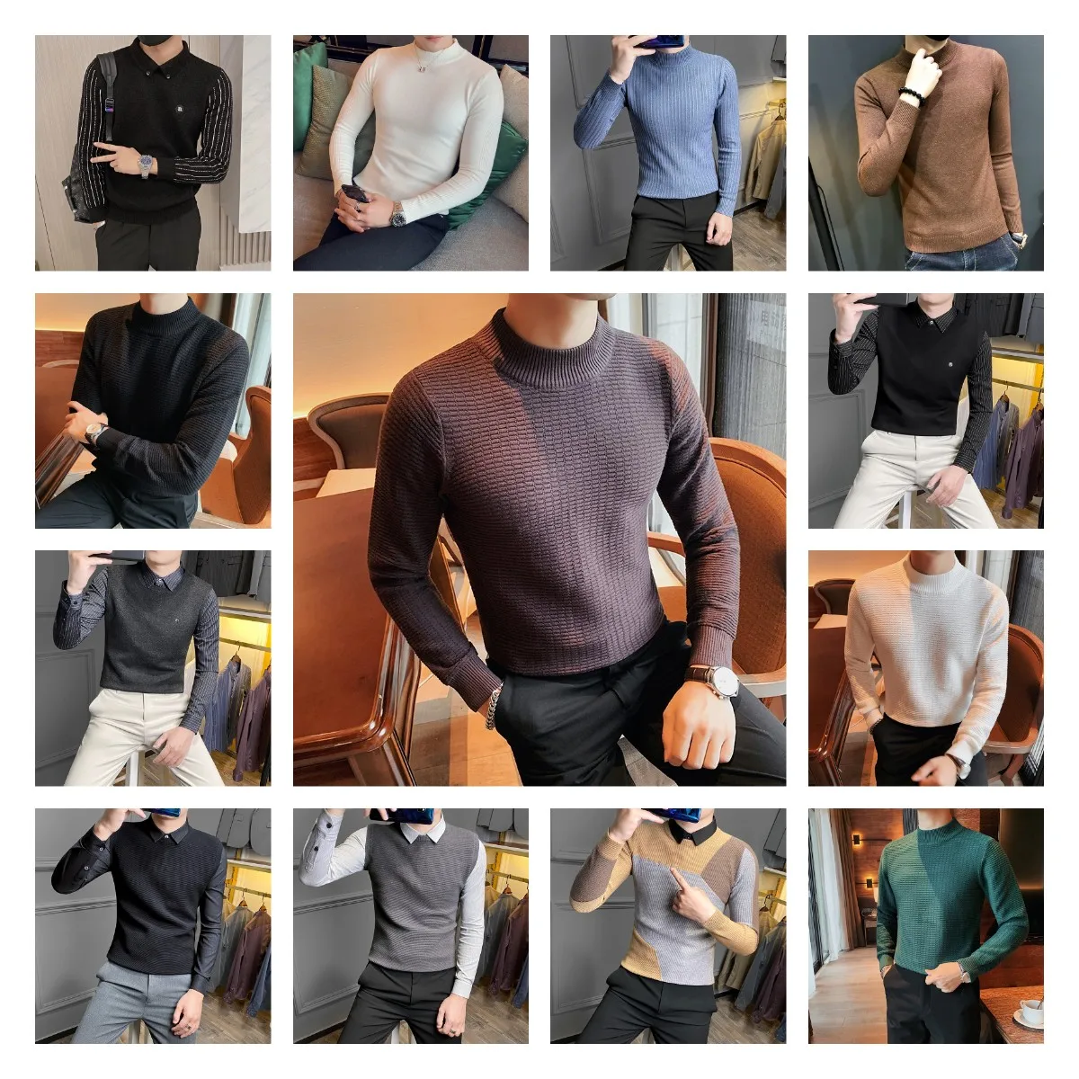 Mens Sweater Round,Medium And Thick New Bottomed Sweater Pullover,Slim ...