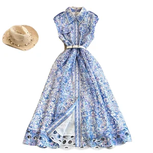 Customize Chiffon Maxi Dress French Elegant Romantic Floral Print Sleeveless A-Line Summer Dress Bow Detail Natural Waist