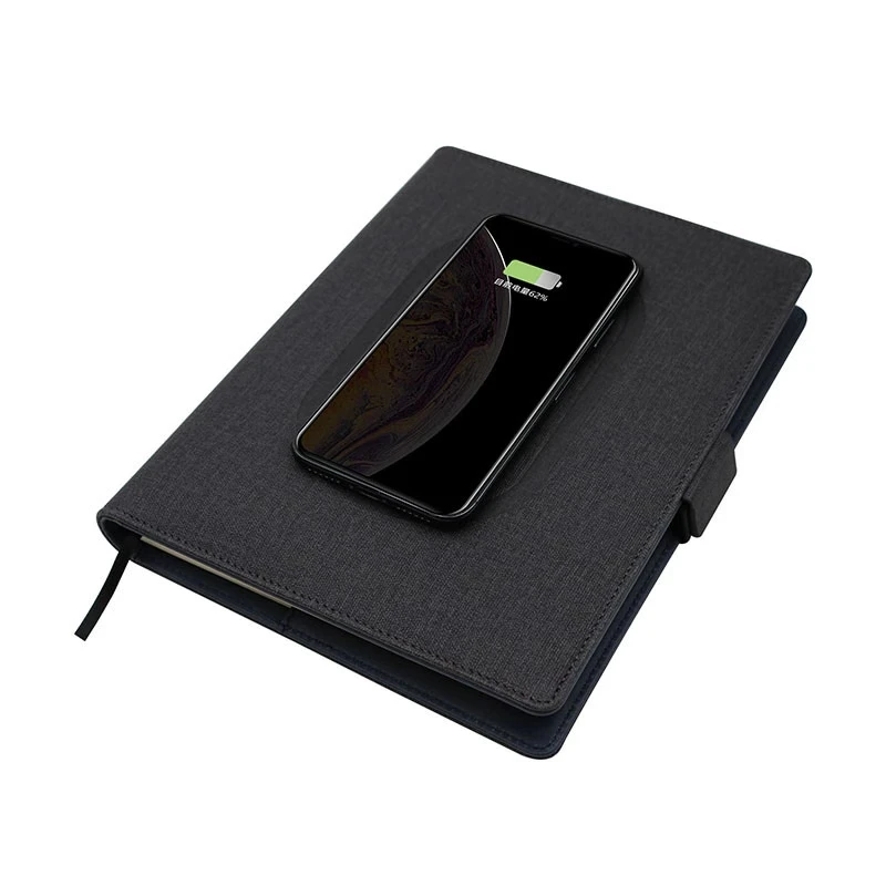 Customized Multi Function Luxury Power Bank A5 Diary Note Book Office Business Black Usb Charge Notebook With Phone Holder