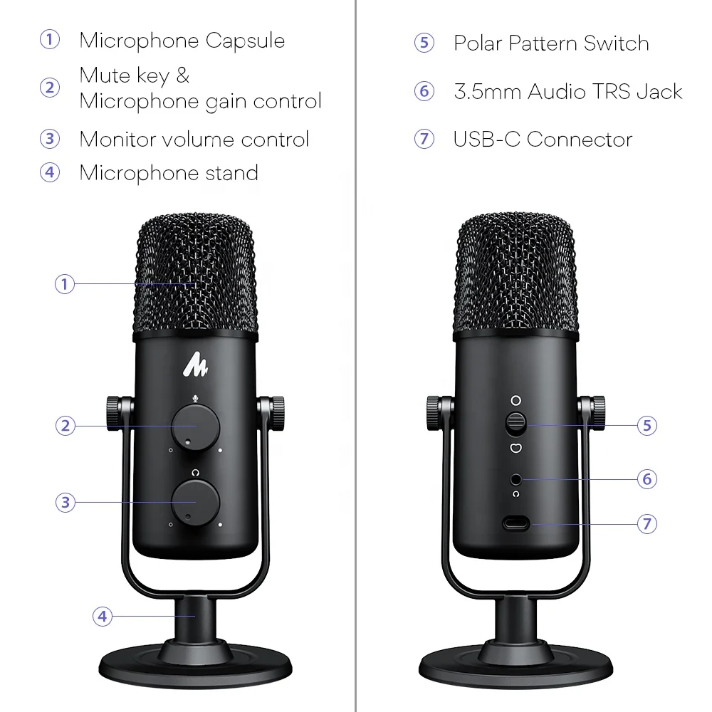 MAONO USB to Type C PCスタジオコンデンサーマイク、マイクスタンド
