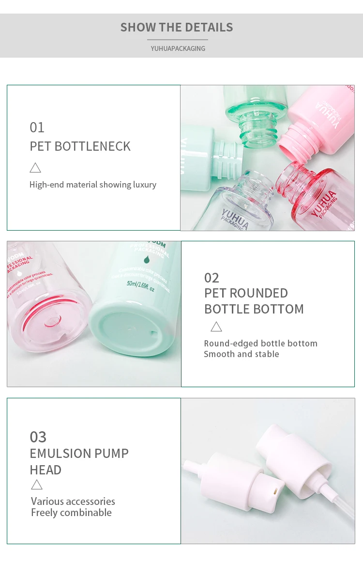 50ml Clear PET Flat Shoulder Lotion Pump Bottle for Customized Cosmetic Packaging with Silk Screen Printing