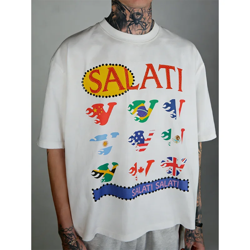 Salati High Street Oversized Fit Heavy Weight Cotton Unisex T-shirt Custom Screen Print Men White Short Sleeve Graphic t Shirts