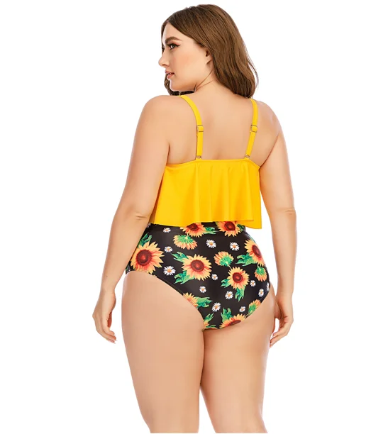 Custom Logo Women Plus Size Yellow Ruffle Swim Top Sunflowers Printed High Waisted Yellow Swimwear 5xl