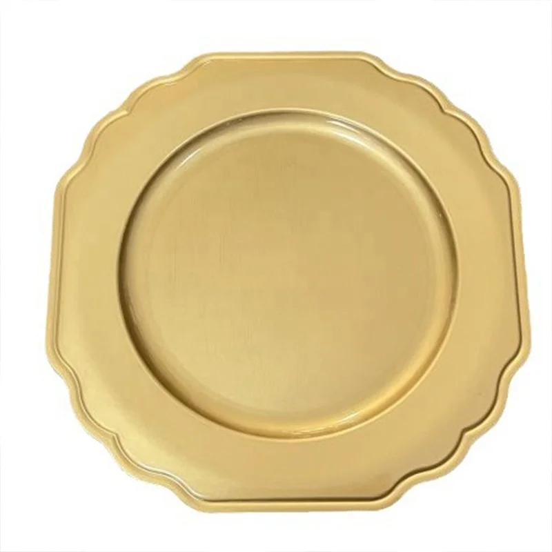 Wedding Party Table Setting Octagonal Plastic Chargers Plate 13 Inch Gold Plastic Dinner Plate