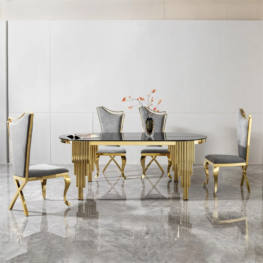 Oval Silla De Comedor Modern Luxury Gold Stainless Steel and Black Glass  Dining Table Set Velvet Chairs