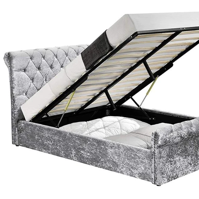 Double, Silver Chenille Home Detail Velvet Chenille Ottoman Storage Fabric Bed Frame Double or King Size Bedroom New 