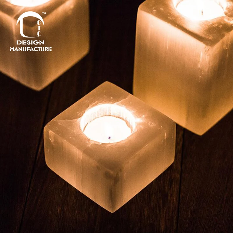 supplier new handmade SPA  selenite crystal tealight square candle holder for holiday gift
