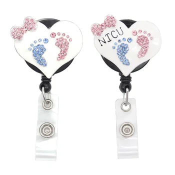 Wholesale Heart Shape NICU Footprint Sparkles Badge Reel Retractable Badge Holder for Nurse Accessories Gift