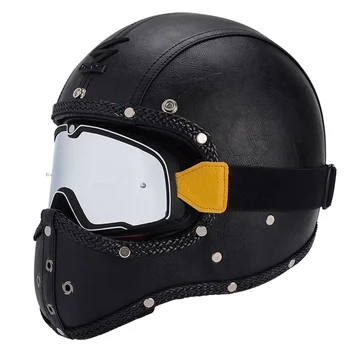 Retro PU Leather Full Face Motorcycle Helmet for Men & Women