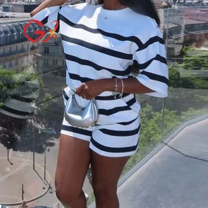 GX11310 Fashion 2026 Summer Clothing Vendor Women Street Wear Short Sleeve Stripped T-shirt and Shorts 2 Piece Set