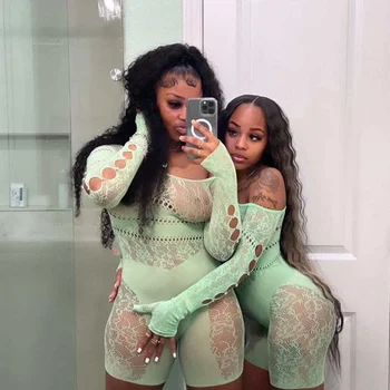DK W22Q24006 long sleeve rompers rhinestone lace see through hollow out mesh sexy jumpsuit one piece lingerie clothes for women