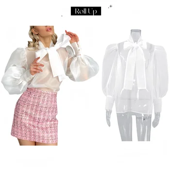 Elegant Knot-Tie Neck Organza Blouses Spring Women Clothing Shirt Bubble Pullover Top Puff Sleeve See-through Blouse