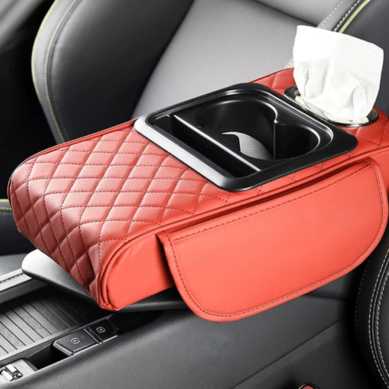 Bracciolo Universale in Pelle per Auto con Supporto Rialzato, Portabicchieri e Vano Portaoggetti