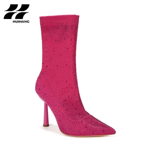 Glamorous Women's Party Evening Sock Midi Boots Comfortable Lightweight Stiletto Rhinestone Embellished Pointed Toe Flexible