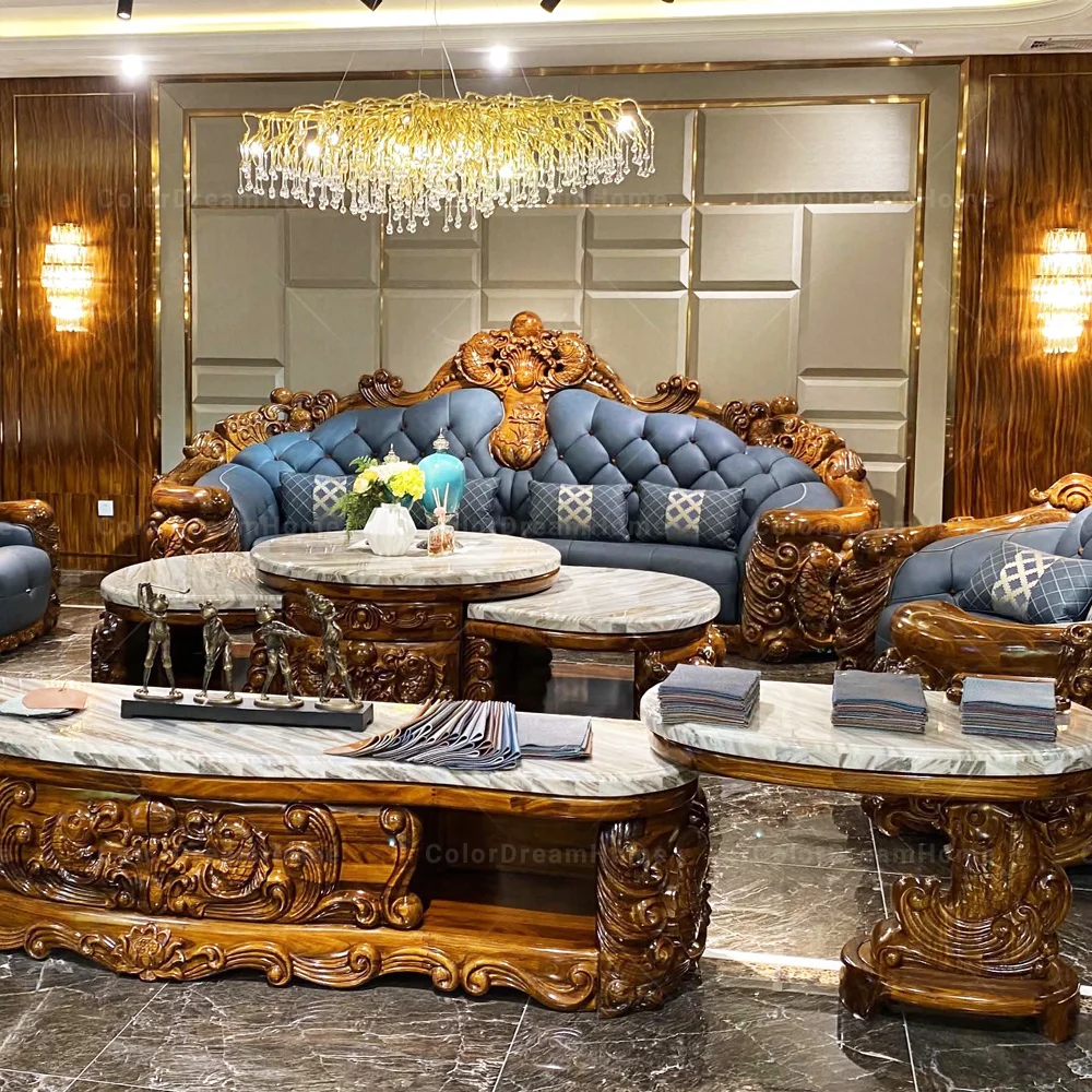 Ebony Carved Antique Leather Sofa Set for Luxury Living Rooms