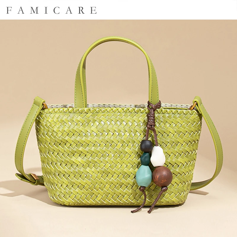 2026 New Summer Macaron Market Woven Tote Bag Trendy Versatile Shoulder Crossbody Bag PU Leather Fashion Unique Beach Vacation