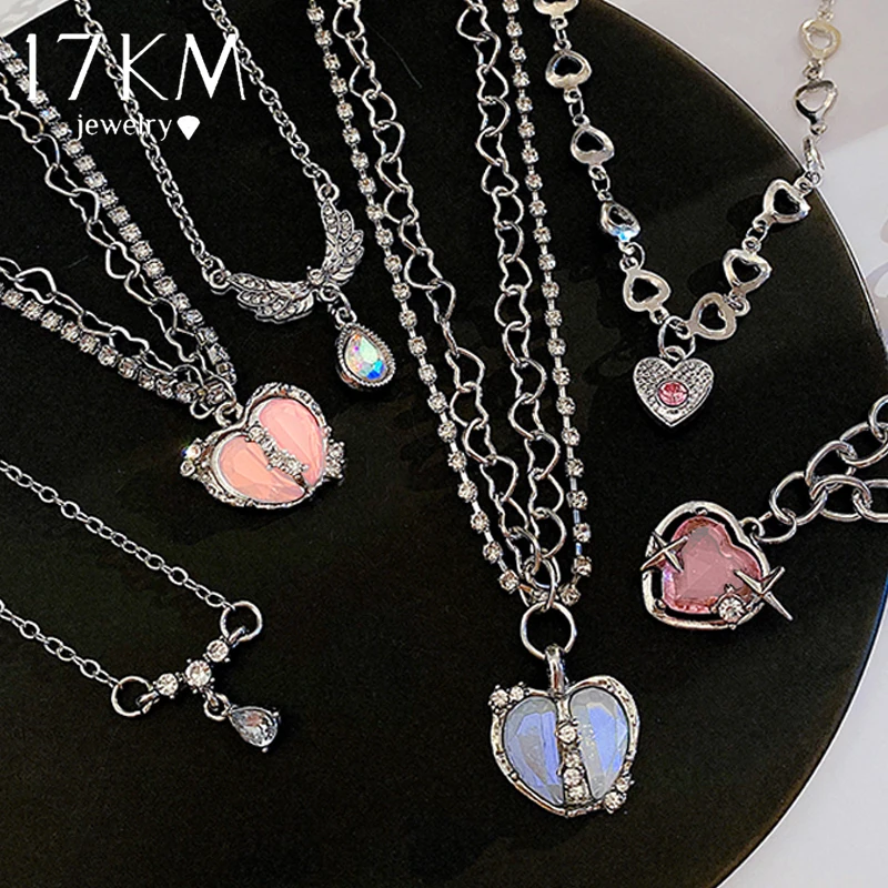 Y2K Fashion Heart Water Drop Pendant Necklace with Pink Crystal