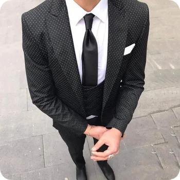 New Design White dots Black Suits for Men Wedding Groom Tuxedos Slim Fit Groomsmen Blazer Casual Terno Masculino Three-Pieces