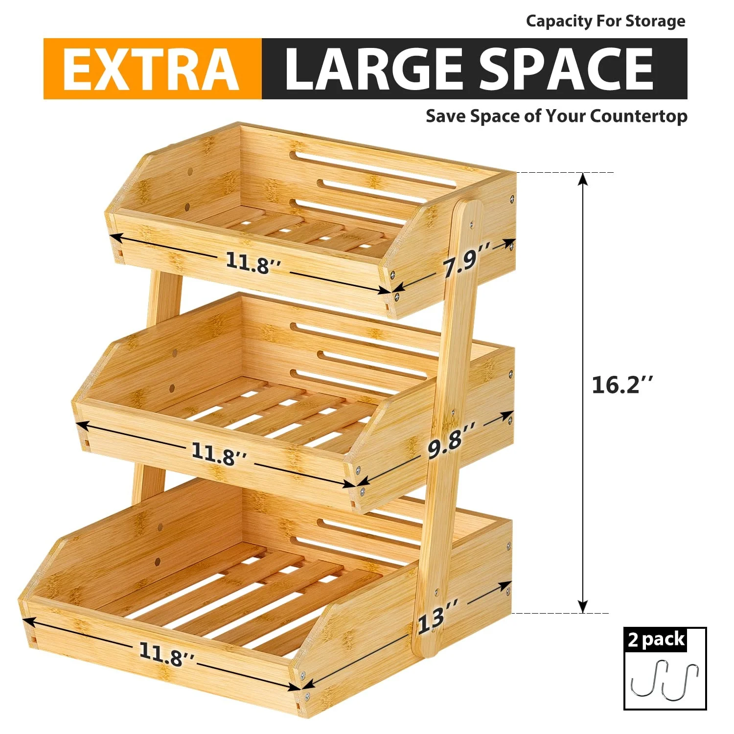Cesto Porta Frutta A 2 Ripiani In Legno Di Acacia, Per Cucina, Organizzatore Da Tavolo Per Frutta E Verdura, Idea Regalo Casa.