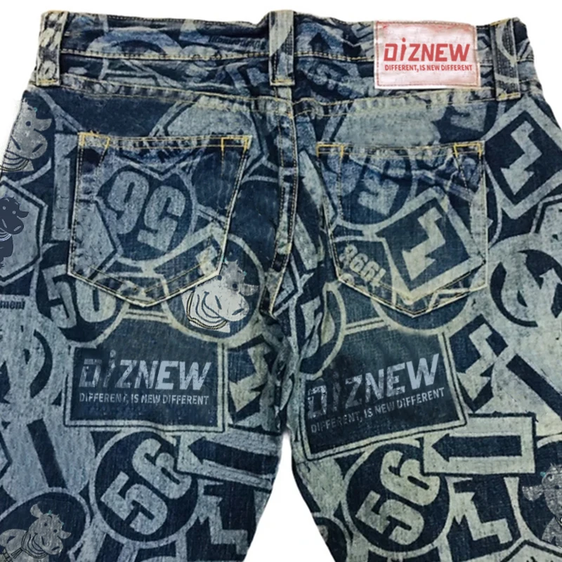 DiZNEW denim manufacturer smile number full printing fashionable breathable men loose fit wide leg denim pants jeans factory