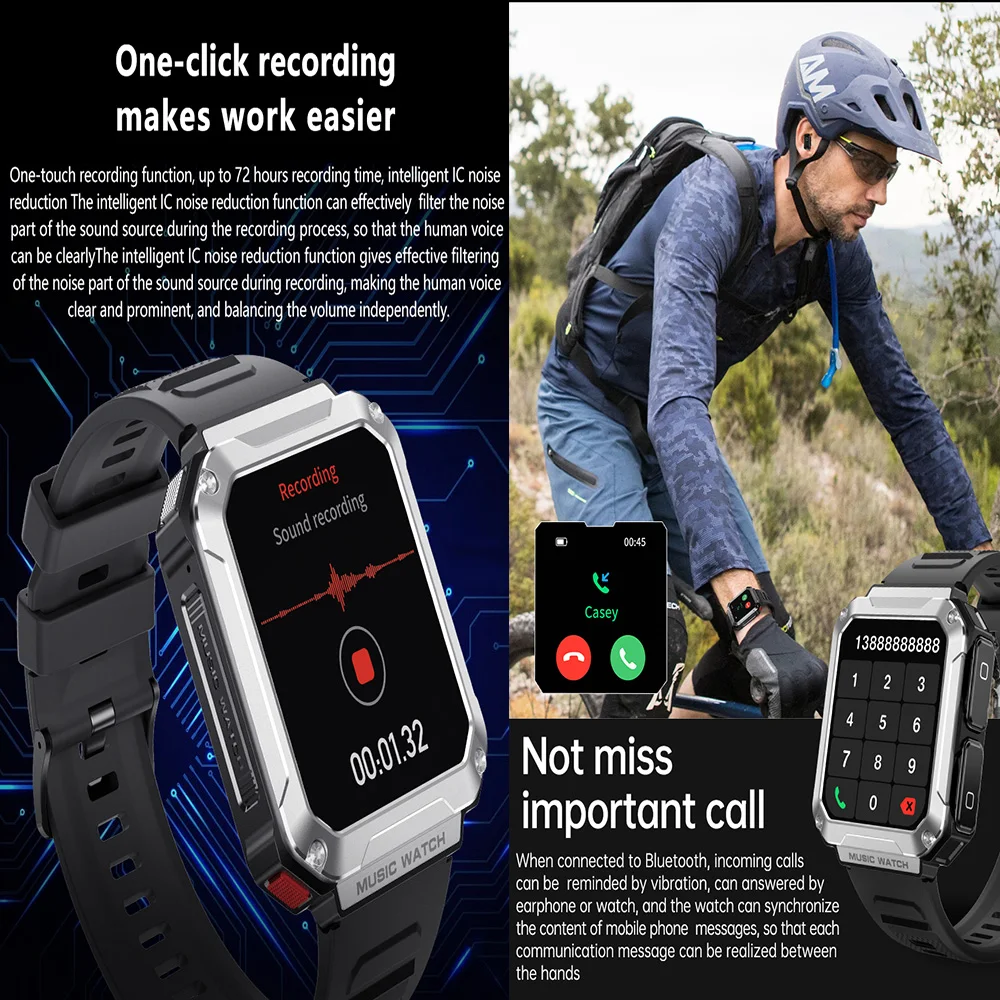 Reloj inteligente T93 para hombre, pantalla grande de 1,96 ', cuadrado,  4GB, música local, BT, auriculares para llamadas, auriculares, reloj