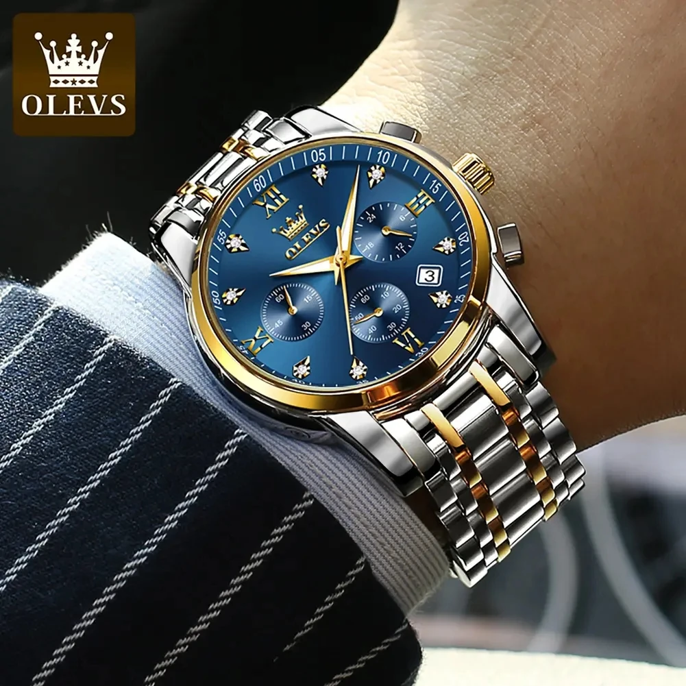 OLEVS 2858 Business Multi Time Zone Wristwatch Reloj Waterproof Feature Analog Date Watches Stainless Steel Quartz Watch for Men