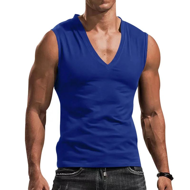 Men's Solid Color V Neck Vest Casual Breathable Sleeveless T-Shirt Vest956_voghion.com