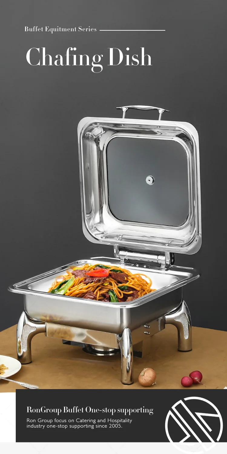 Hotel Restaurant Server Stainless Steel Square Rose Gold Luxury Food Warmer Hydraulic Chafing Dish Buffet Set