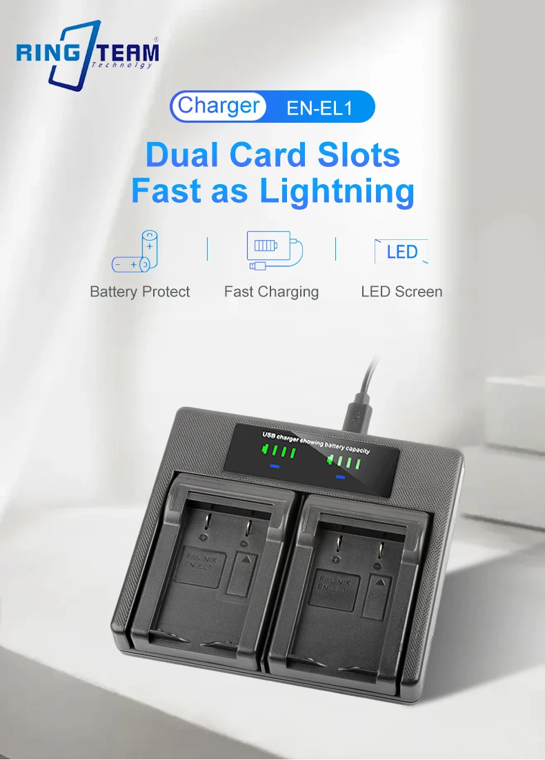 RingTeam EN-EL1 Dual Charger with LCD Light ENEL1 Battery Charger for Nikon COOLPIX 775/885/990/995/5700/5400/E775 Cameras details