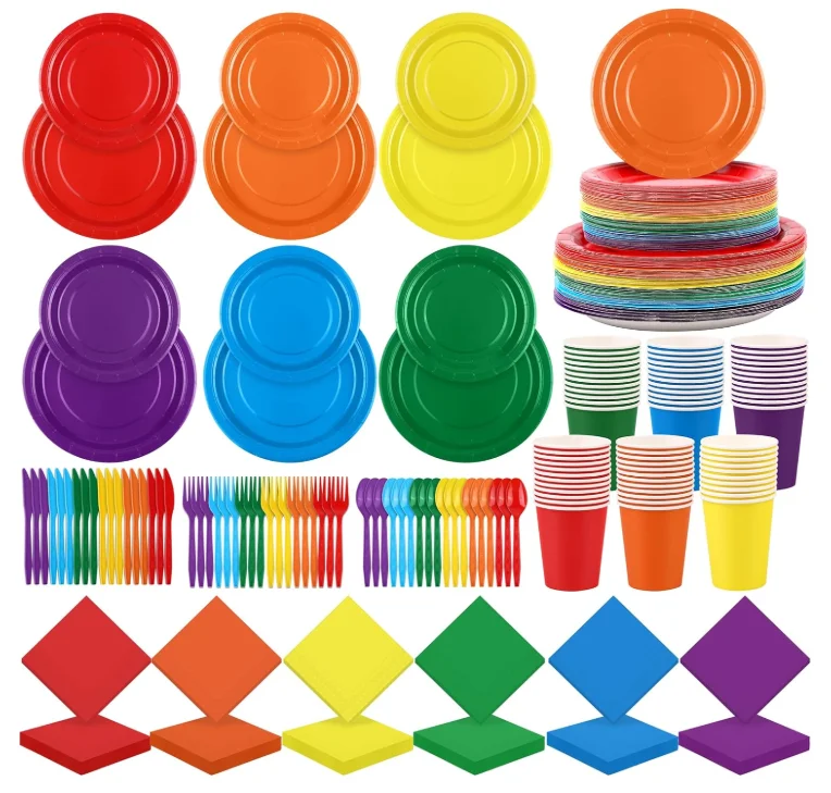 DAMAI Rainbow Disposable Party Tableware Set for Birthday Party 7inch and 9" Plates  9oz Cups Napkins Paper Plate Sets