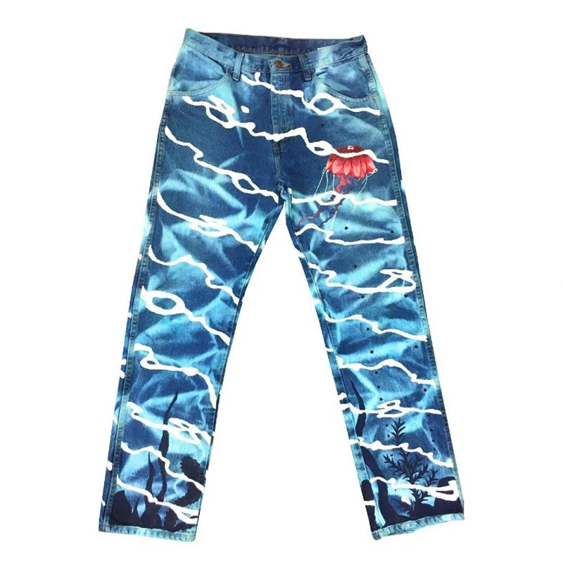 Diznew 2022 New Wave Print Tie Dye Jeans Men Street Style Loose