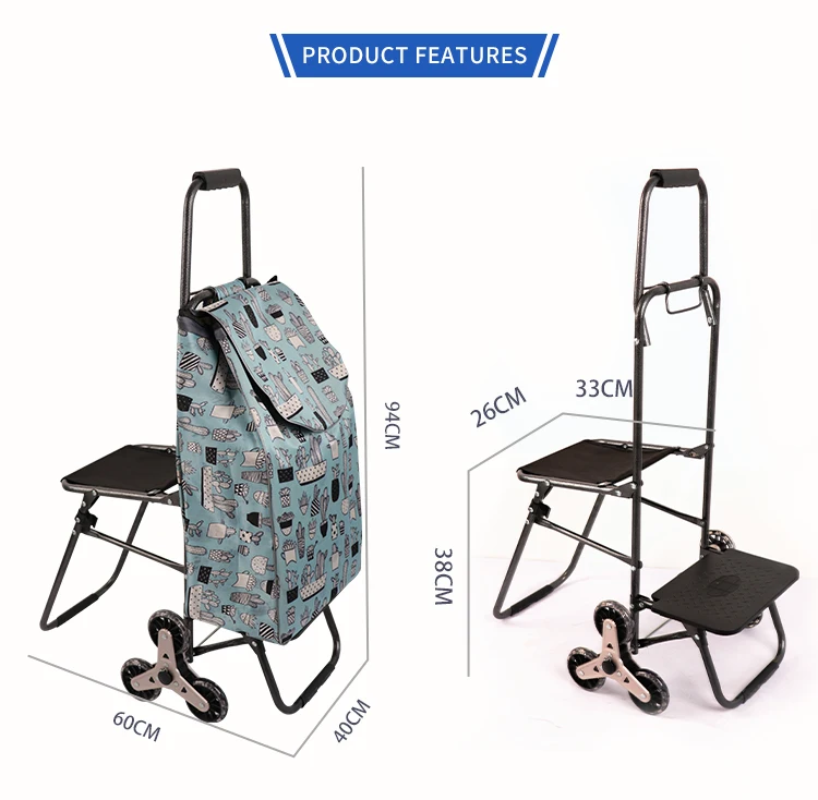 Ex-factory Price Multi Functional Trolley Three Wheel Cheap Shopping Cart Collapsable with Chair
