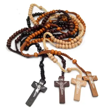 Catholic Rosary Necklace Wooden Bead Handmade Cross Necklace Religious Jewelry