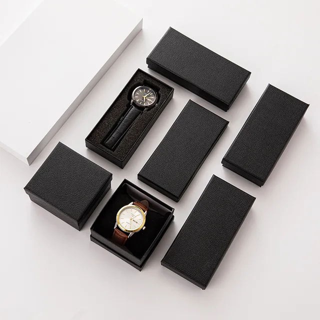 Luxury High quality Custom logo black cardboard paper black watch packaging gift boxes single watch with foam insert
