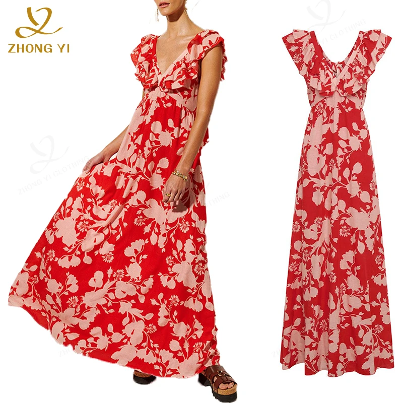 2023 Design Women Chiffon Holiday Beach Dress Long Sleeve Deep V-Neck Sex Irregular Rainbow Ruffles Ladies Dresses Maxi