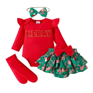 Wholesale Baby Clothing Sets Cotton Polyester Flying Sleeves Skirt Christmas Plaid Bow Headband Fashionable Style for Autumn