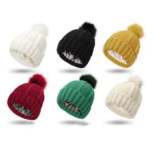 New Winter Fashion Beanie Acrylic Pullover Solid Color Knitted Hat Thicken Satin Lining Soft Faux Fur Pom Pom Hat