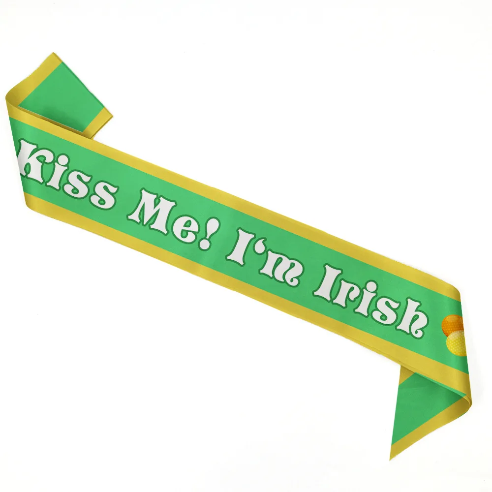 WOWEI St Patrick's Green Satin Sash KISS ME I'M IRISH Sash Belt Shoulder  Strap Bow Tie Dress Irish Day Party Dress Props