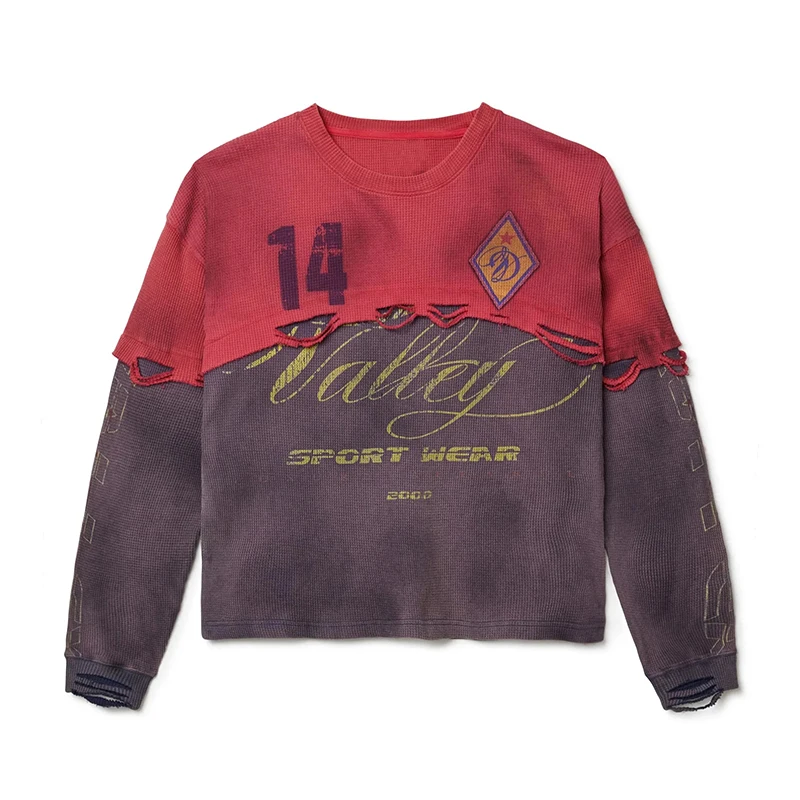 【Raucohouse】Faded washed vintage crack long sleeve Custom Vintage Washed Distressed Cut off Longsleeve Thermal