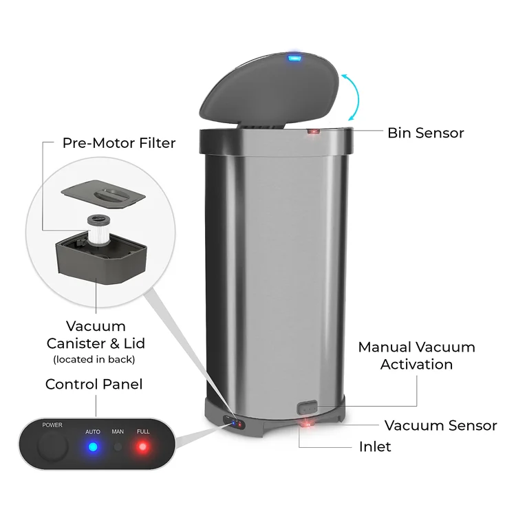 Stainless Steel Touchless Trash Can Auto Sensor Activate With Vacuum