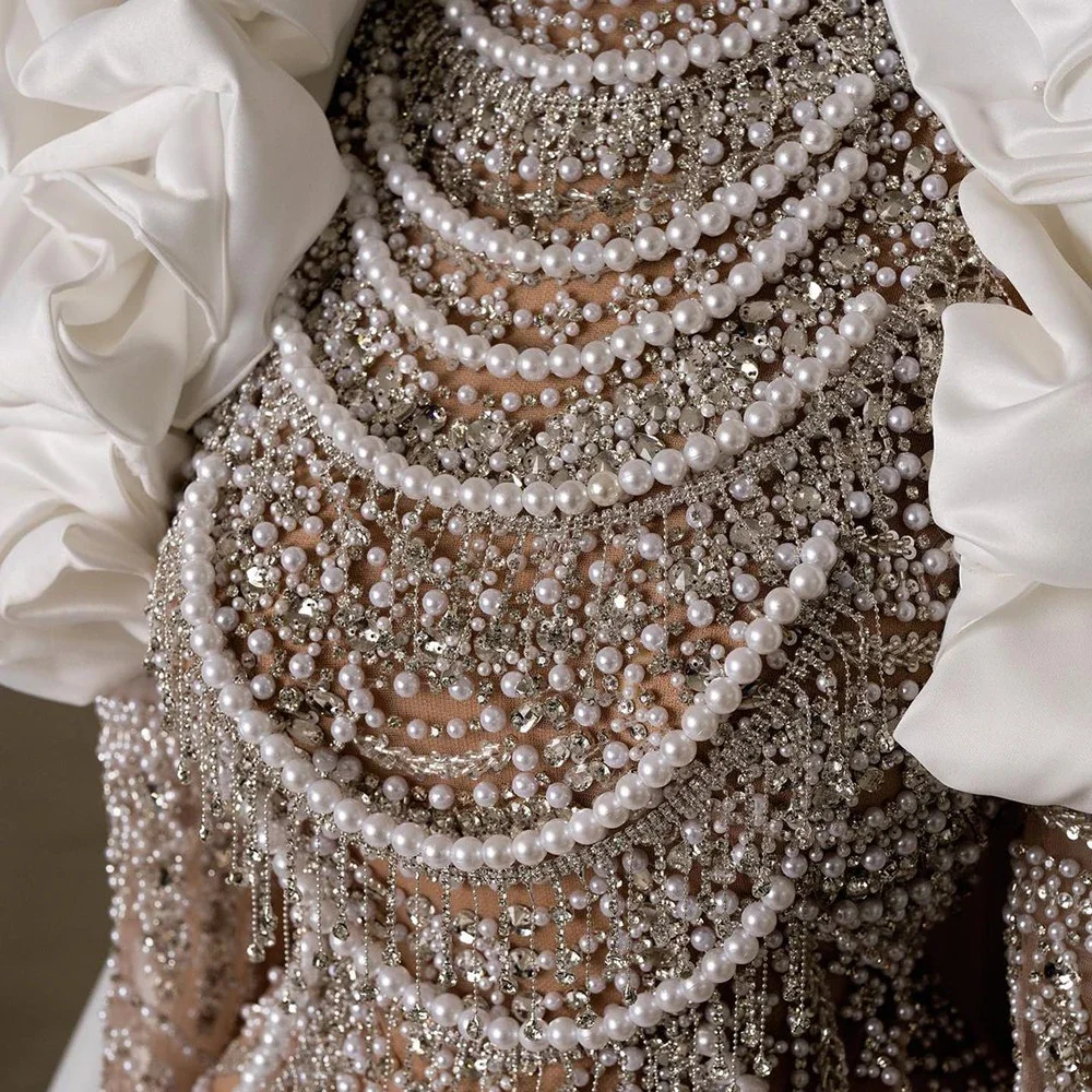 Arabia Nude Pearls Beaded Mermaid Long Cloak Luxury Dubai Evening Dresses Gowns For Women Wedding Party LA72091C