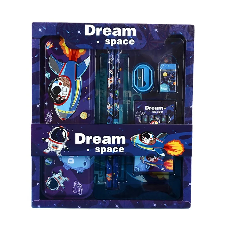 Portable Cheap 6-In-1 Cartoon Kindergarten School Stationery Set with Gift Package for Children Back to School