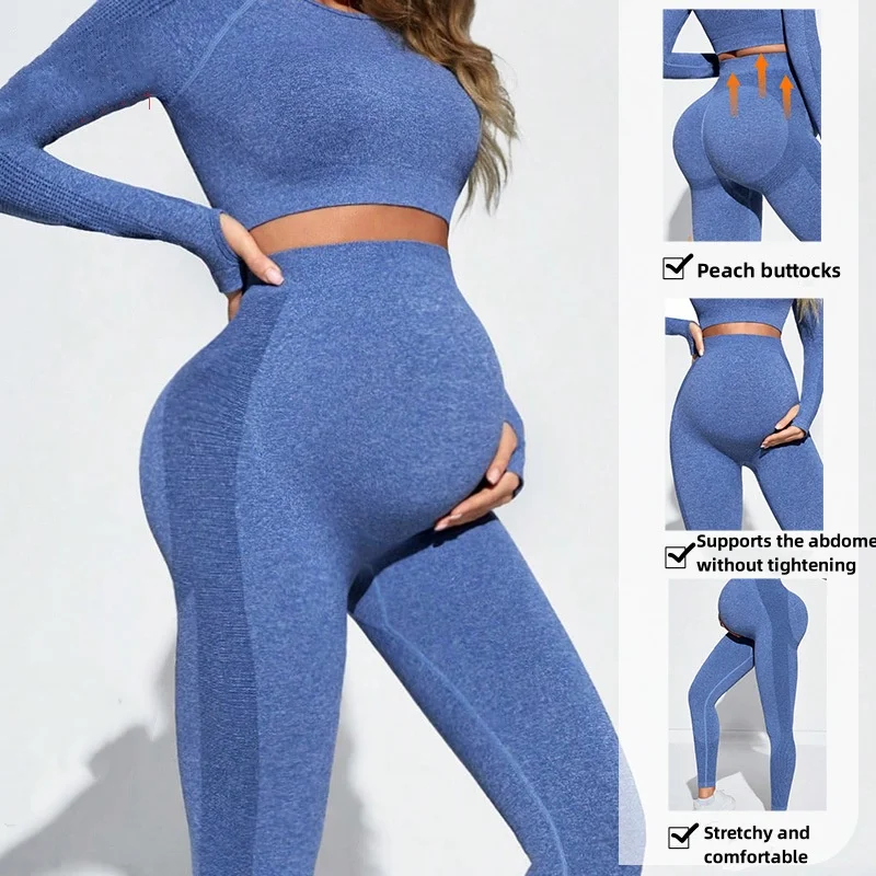 product seamless knitted pregnant women long sleeve yoga set europe america sexy abdominal support peach hip tight maternity sports set-60