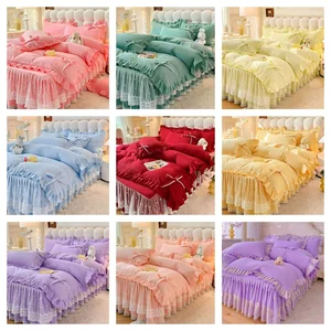 Wholesale Thickened Solid Bed Skirt Set King Size Duvet Cover 200*230cm Bedding Set